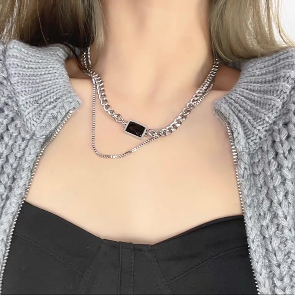 đź’ŽBlack Rectangle Stone Titanium Steel Necklace Chain Double layer thick silver - Picture 5 of 10
